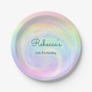 Rainbow Aesthetic Pastel Swirl 1st Birthday Paper Plate