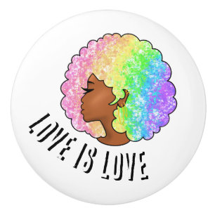 rainbow afro LGBTQ love is love pride black girl Ceramic Knob