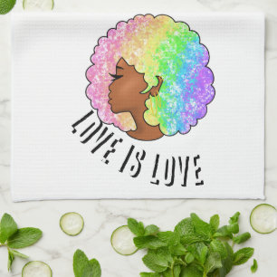 rainbow afro LGBTQ love is love pride black girl Tea Towel
