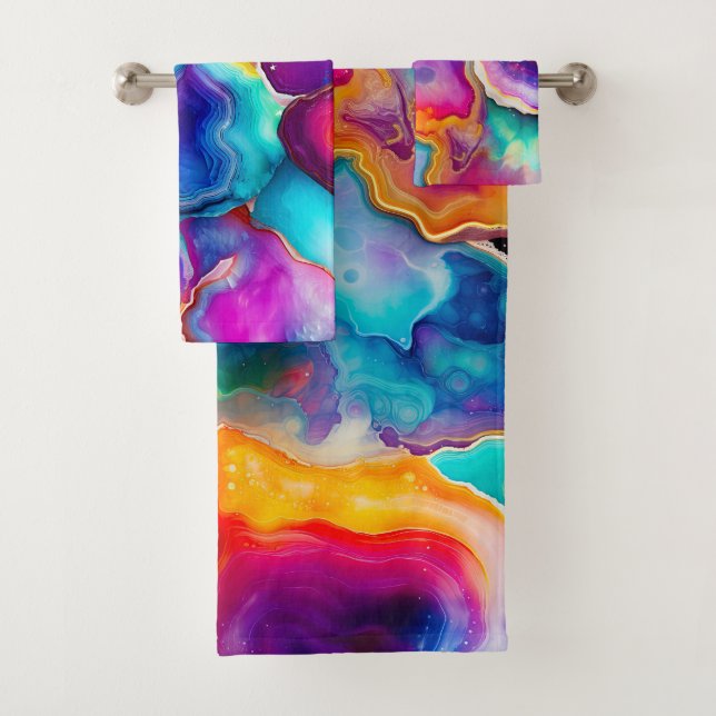 Rainbow Agate Colourful Abstract Geode Design Bath Towel Set (Insitu)