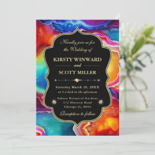 Rainbow Agate Geode with Black Frame Wedding Invitation