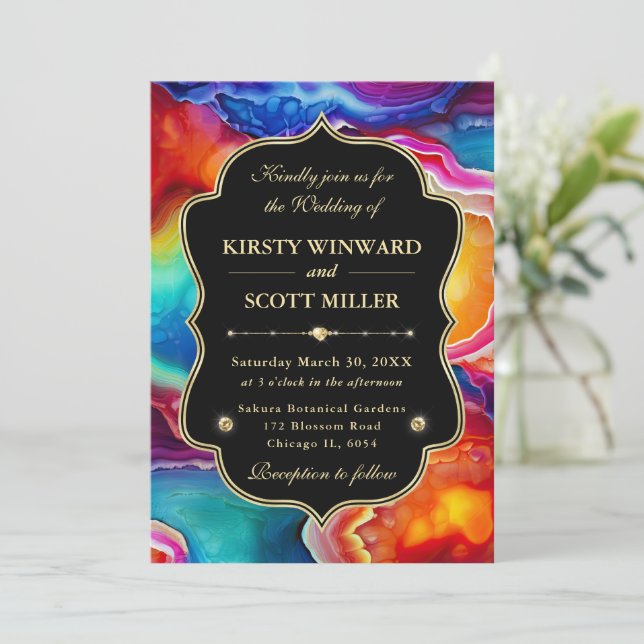 Rainbow Agate Geode with Black Frame Wedding Invitation (Standing Front)