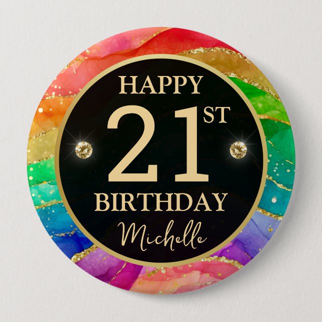 Rainbow Agate Gold Glitter Birthday Badge (Front)