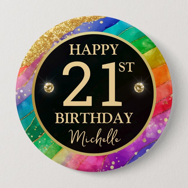 Rainbow Agate Gold Glitter Birthday Badge (Front)
