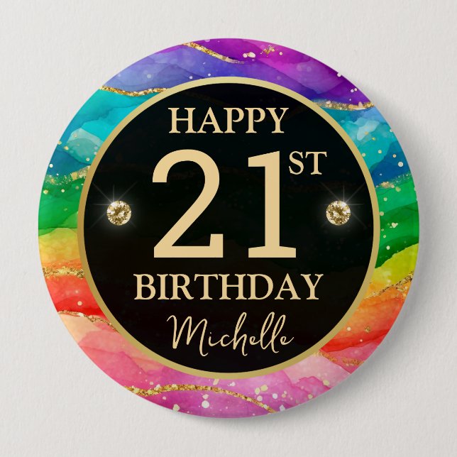 Rainbow Agate Gold Glitter Birthday Badge (Front)