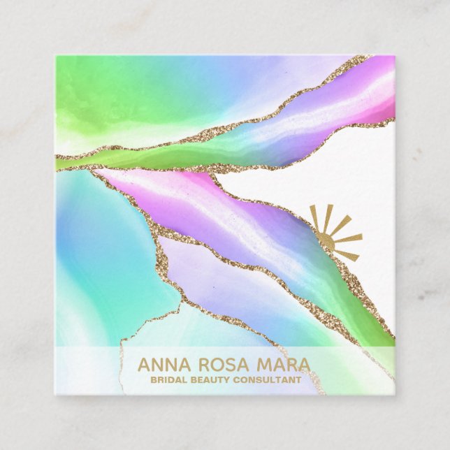 *~* Rainbow Agate Pastel Gold Glitter Veins White Square Business Card (Front)