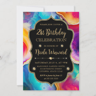 Rainbow Agate Swirl Elegant Black Birthday Invitation
