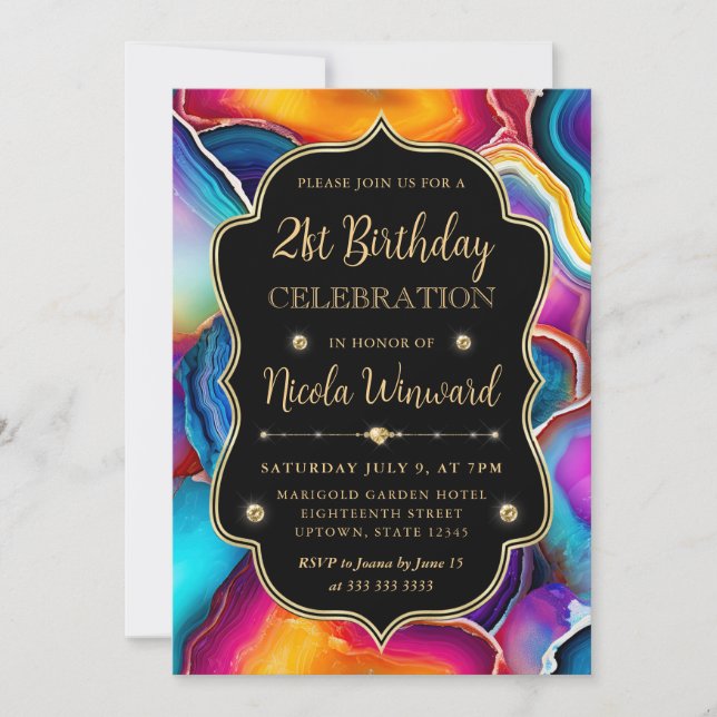Rainbow Agate Swirl Elegant Black Birthday Invitation (Front)
