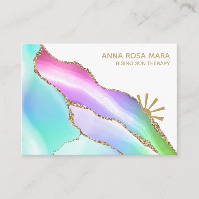 *~* Rainbow Agate White Gold Glitter Vein Pastel Business Card (Front)