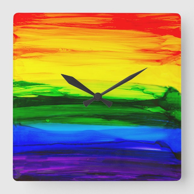 Rainbow Alcohol Ink Abstract Square Wall Clock (Front)