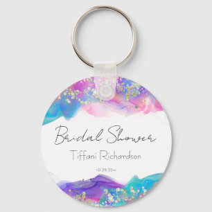 Rainbow Alcohol Ink Bridal Shower Faux Gold Key Ring