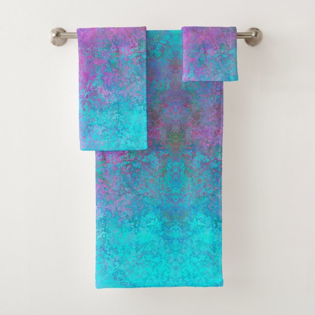 Rainbow Alcohol Ink, Bright Colourful Abstract Bath Towel Set (Insitu)