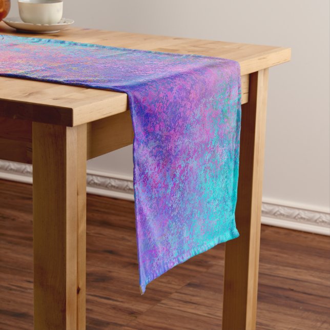 Rainbow Alcohol Ink, Bright Colourful Abstract Short Table Runner (In Situ)