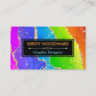 Rainbow Alcohol Ink & Gold Faux Glitter Agate Business Card