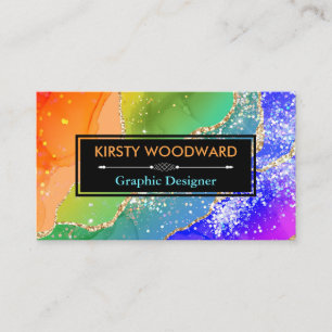 Rainbow Alcohol Ink & Gold Faux Glitter Agate Business Card