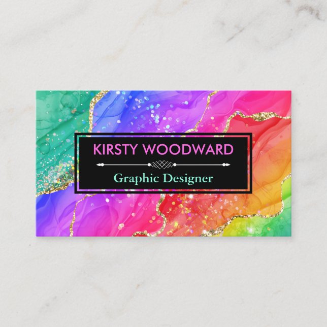 Rainbow Alcohol Ink & Gold Faux Glitter Agate Business Card (Front)