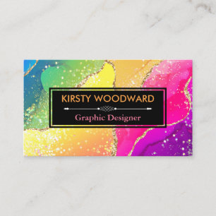 Rainbow Alcohol Ink & Gold Faux Glitter Agate Business Card