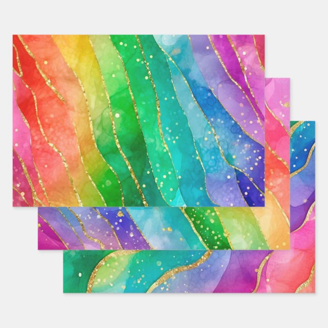 Rainbow Alcohol Ink Gold Glitter Abstract Design Wrapping Paper Sheet (Set)