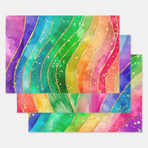 Rainbow Alcohol Ink Gold Glitter Abstract Design Wrapping Paper Sheet