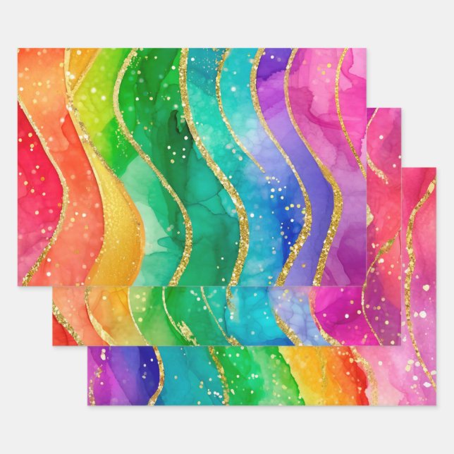 Rainbow Alcohol Ink Gold Glitter Abstract Design Wrapping Paper Sheet (Set)