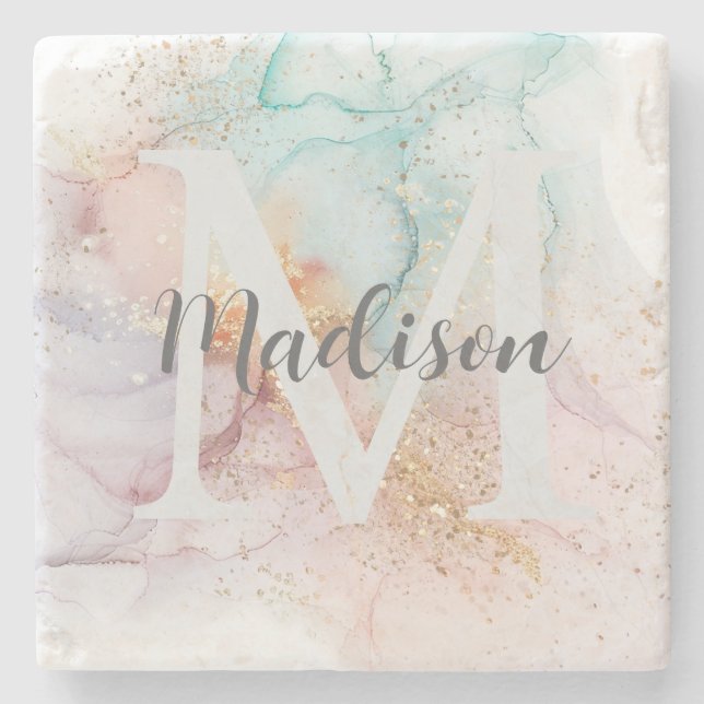 Rainbow Alcohol Ink & Gold Glitter Monogram Name Stone Coaster (Front)