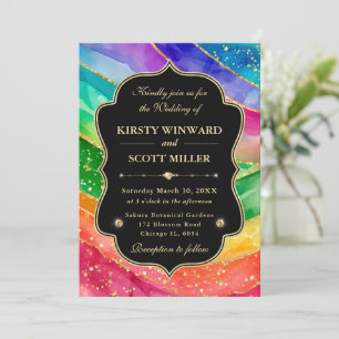 Rainbow Alcohol Ink Gold Glitter Wedding Invitation