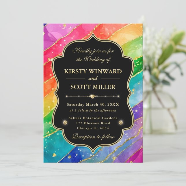 Rainbow Alcohol Ink Gold Glitter Wedding Invitation (Standing Front)