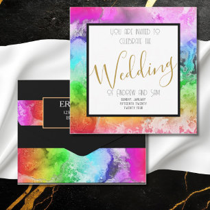 Rainbow Alcohol Ink Watercolor & Gold Font Invitation