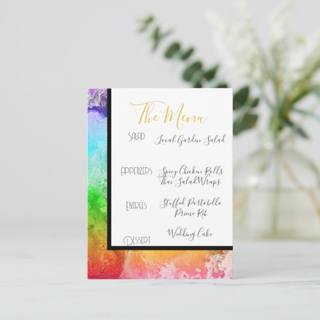 Rainbow Alcohol Ink Watercolor Menu Postcard (Standing Front)
