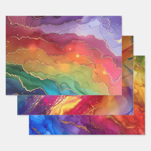 Rainbow Alcohol Ink with Gold Accents Wrapping Paper Sheet