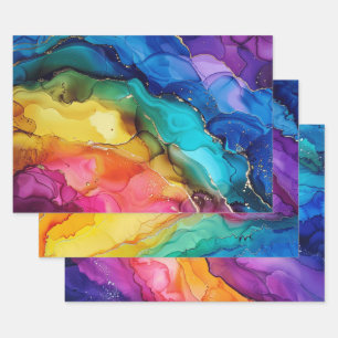Rainbow Alcohol Ink with Gold Accents Wrapping Paper Sheet
