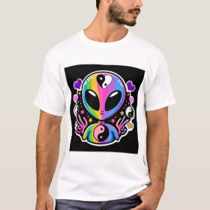Rainbow Alien Yin Yang Sticker Trippy Peace Sign T-Shirt