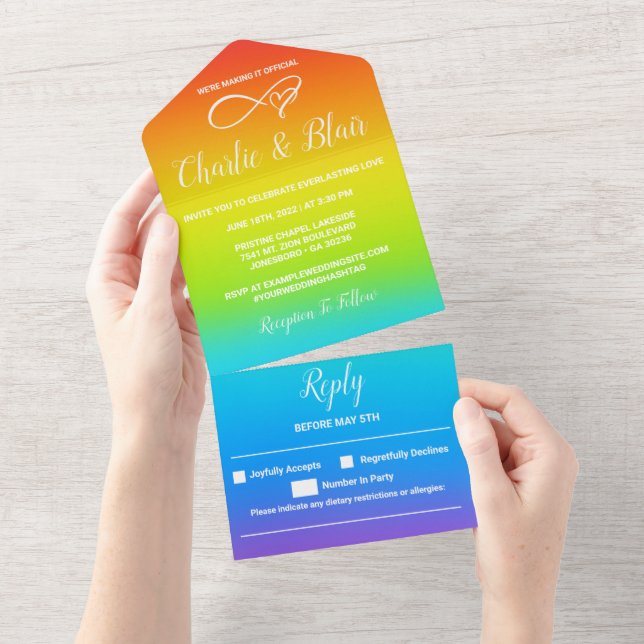 Rainbow All in One Wedding Invitations (Tearaway)