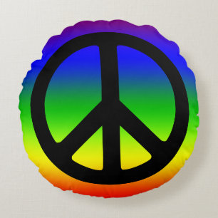 Rainbow and Black Peace Symbol Round Cushion
