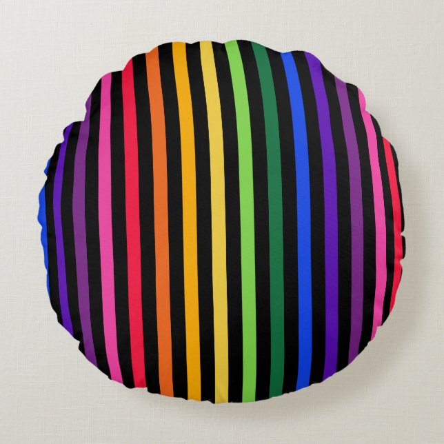Rainbow and black stripes round cushion (Front)