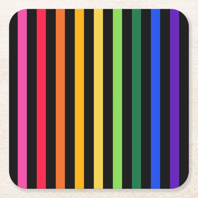 Rainbow and black stripes square paper coaster (Front)