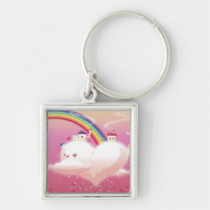 Rainbow and buildings on clouds key ring