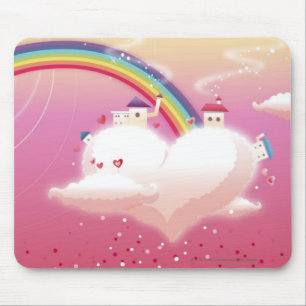 Rainbow and buildings on clouds mouse pad