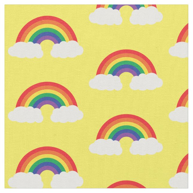 Rainbow and Cloud on Yellow Cute Kids Fabric (Close Up)