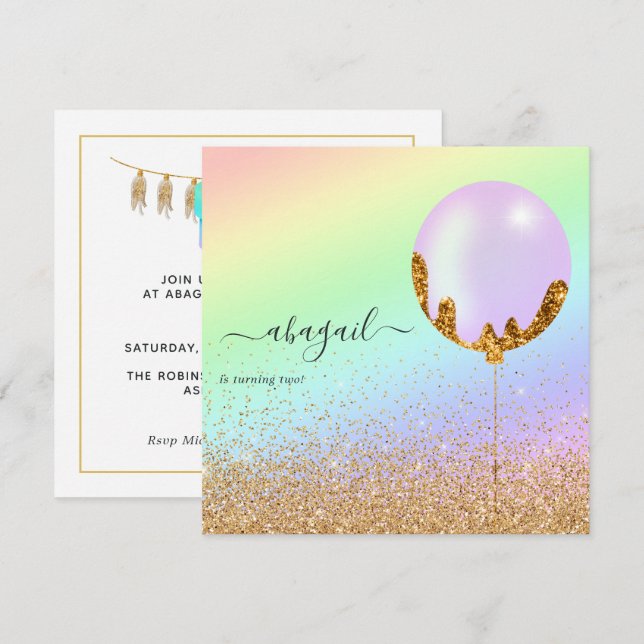 Rainbow and Gold and Pink Birthday Party Invitatio Invitation (Front/Back)