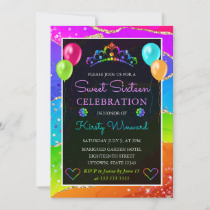 Rainbow and Gold Glitter Agate Sweet Sixteen Invitation