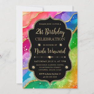 Rainbow and Gold Glitter Alcohol Ink 21st Birthday Invitation
