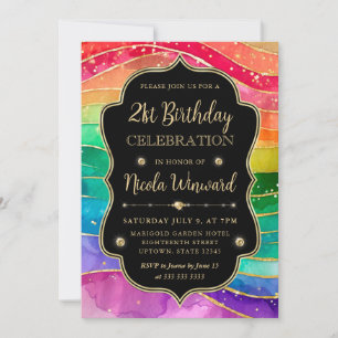 Rainbow and Gold Glitter Alcohol Ink 21st Birthday Invitation