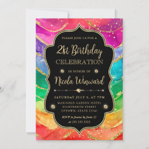 Rainbow and Gold Glitter Alcohol Ink 21st Birthday Invitation