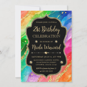 Rainbow and Gold Glitter Alcohol Ink 21st Birthday Invitation