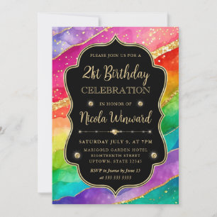 Rainbow and Gold Glitter Alcohol Ink 21st Birthday Invitation