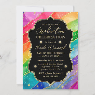 Rainbow and Gold Glitter Alcohol Ink Graduation Invitation