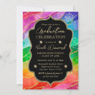 Rainbow and Gold Glitter Alcohol Ink Graduation Invitation
