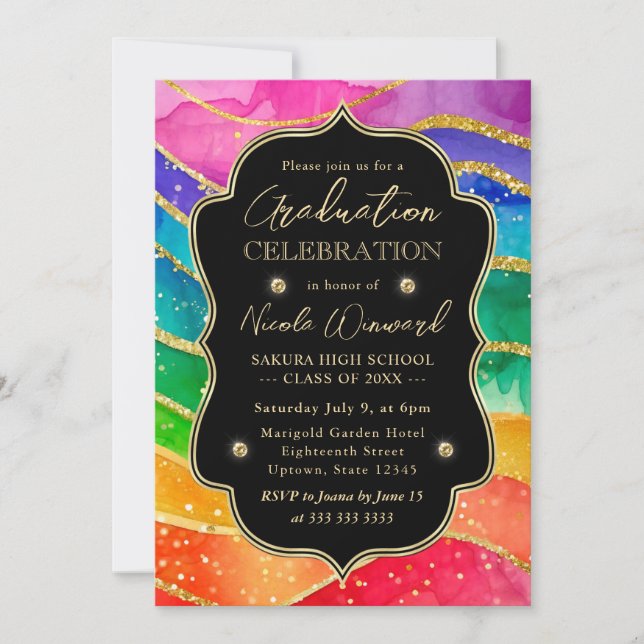 Rainbow and Gold Glitter Alcohol Ink Graduation Invitation (Front)