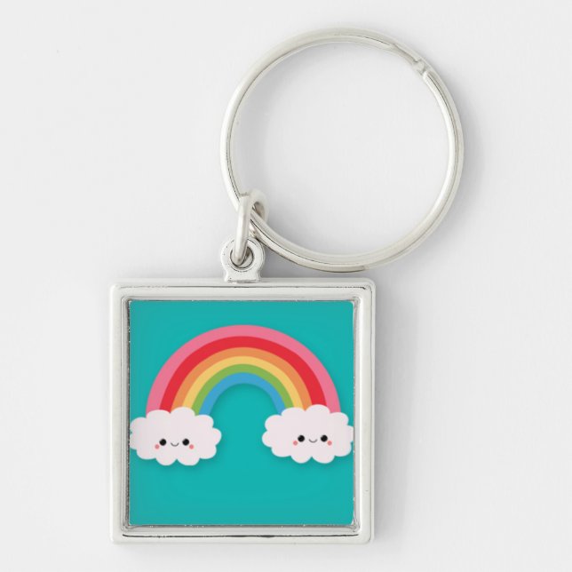Rainbow and Happy Cluds on Teal Key Ring (Front)